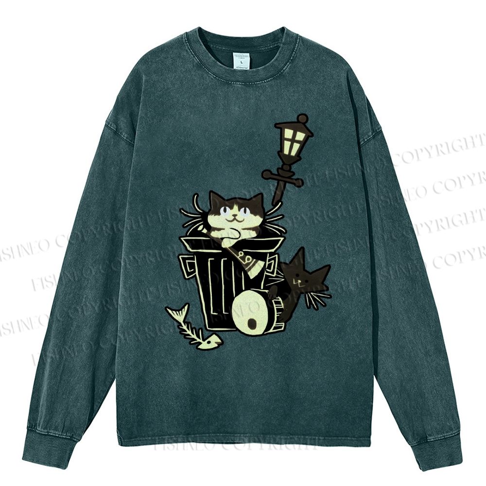Unisex Casual Washed Vintage Cat In Trash Can Printed Long Sleeve T-shirt