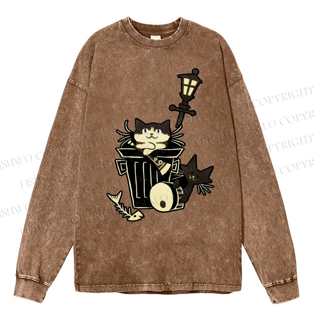 Unisex Casual Washed Vintage Cat In Trash Can Printed Long Sleeve T-shirt