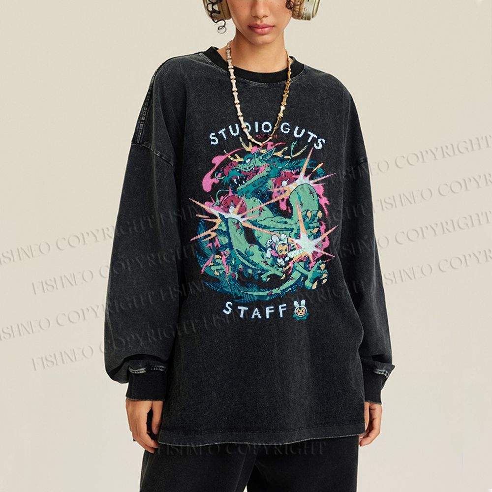 Unisex Casual Washed Vintage Dragon Printed Long Sleeve T-shirt