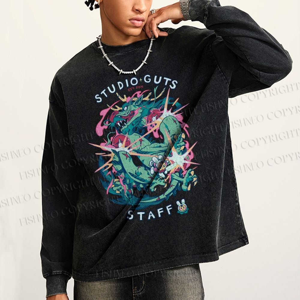Unisex Casual Washed Vintage Dragon Printed Long Sleeve T-shirt