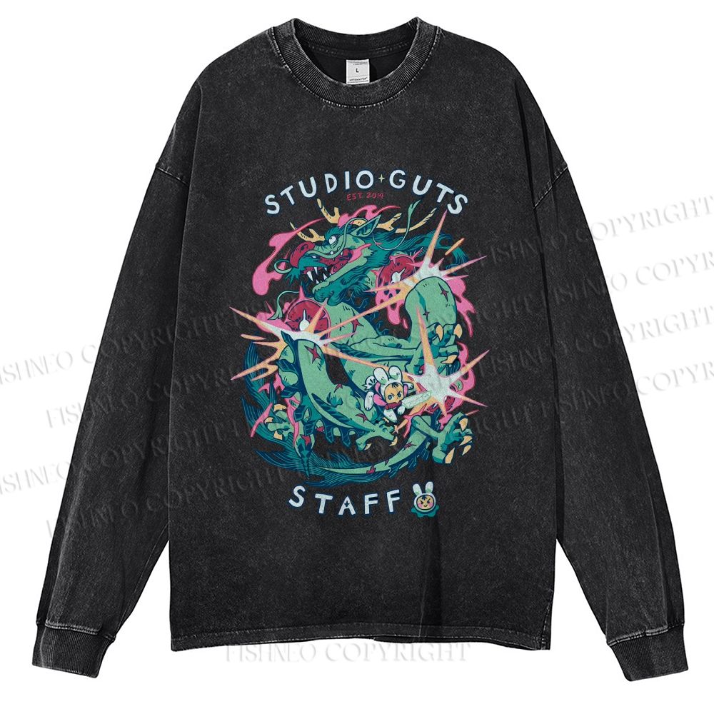 Unisex Casual Washed Vintage Dragon Printed Long Sleeve T-shirt