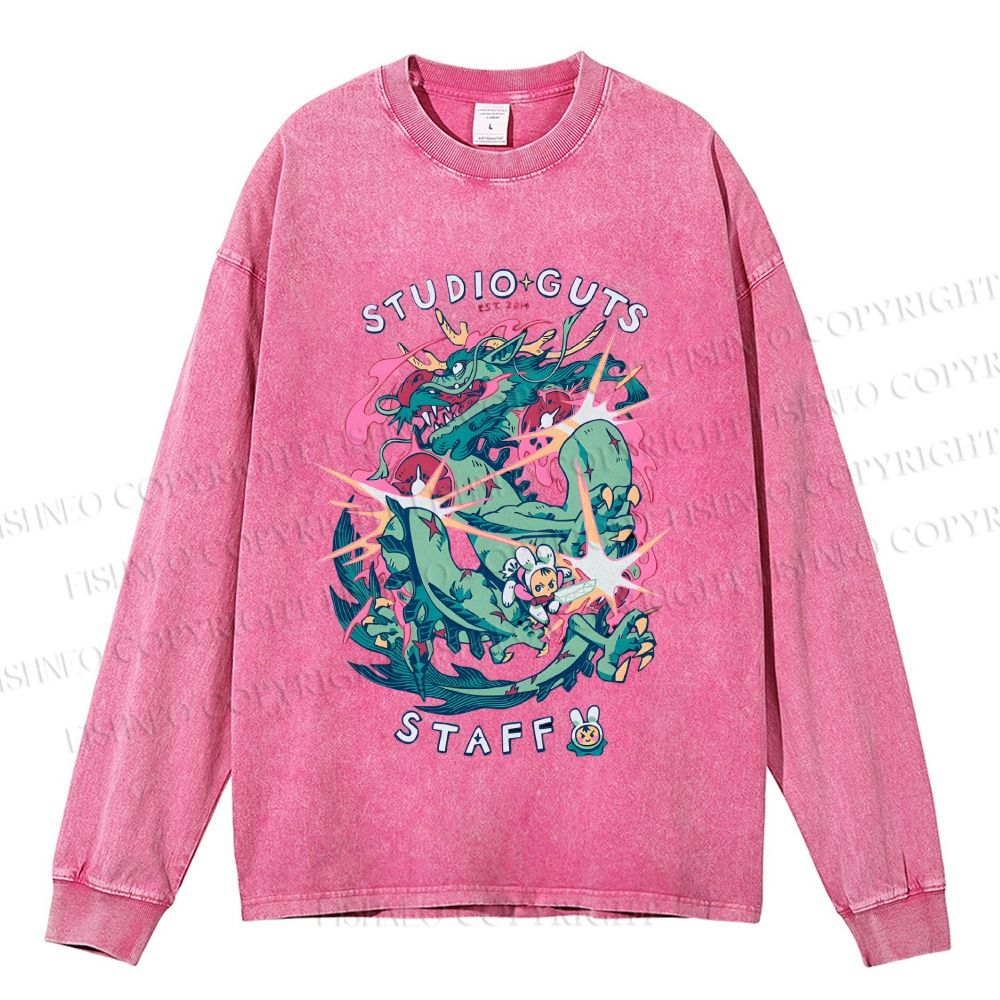 Unisex Casual Washed Vintage Dragon Printed Long Sleeve T-shirt