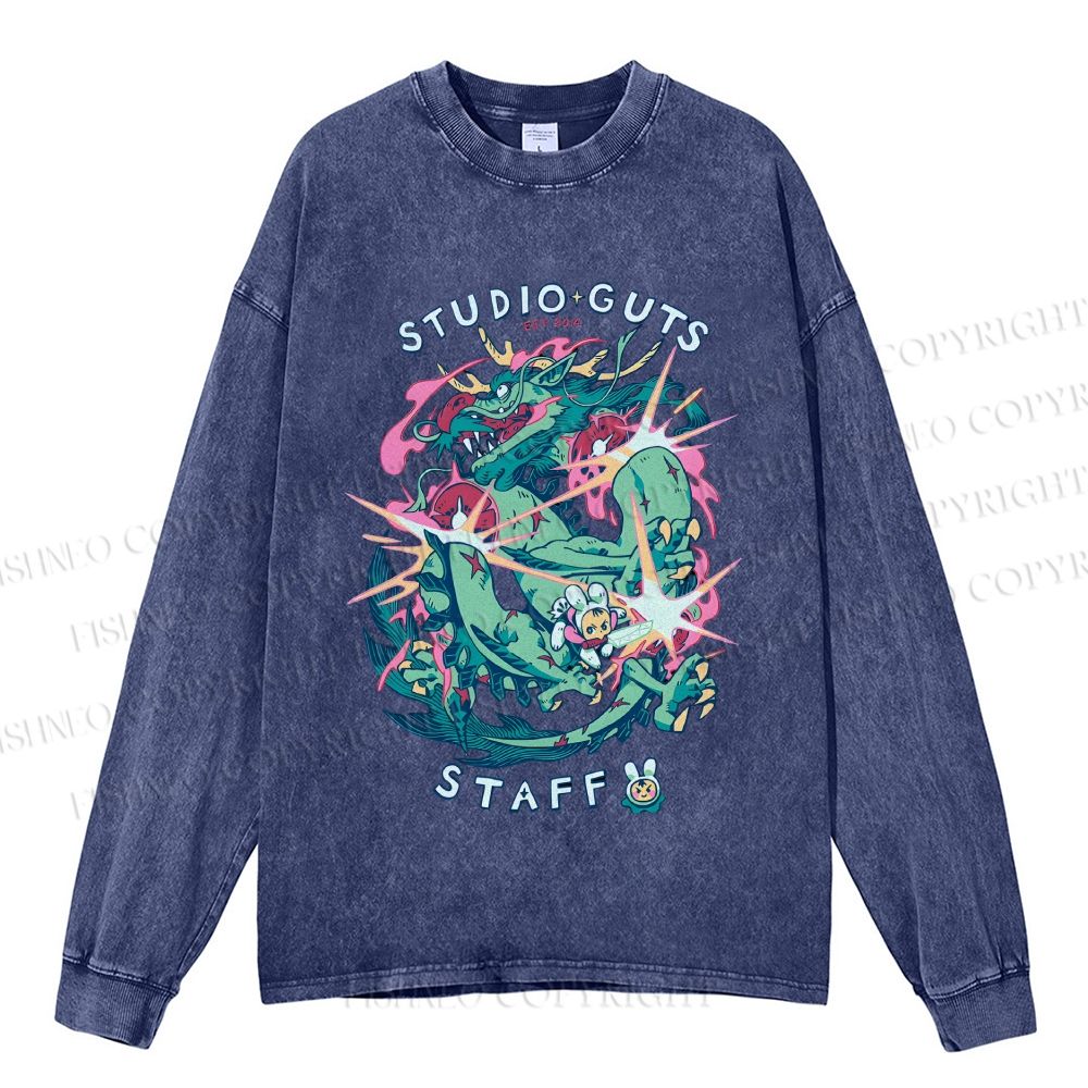 Unisex Casual Washed Vintage Dragon Printed Long Sleeve T-shirt