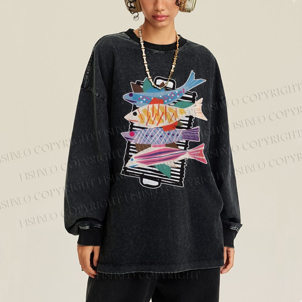 Unisex Vintage Fish Casual Washed Printed Long Sleeve T-shirt