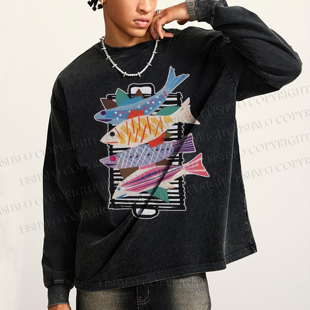 Unisex Vintage Fish Casual Washed Printed Long Sleeve T-shirt