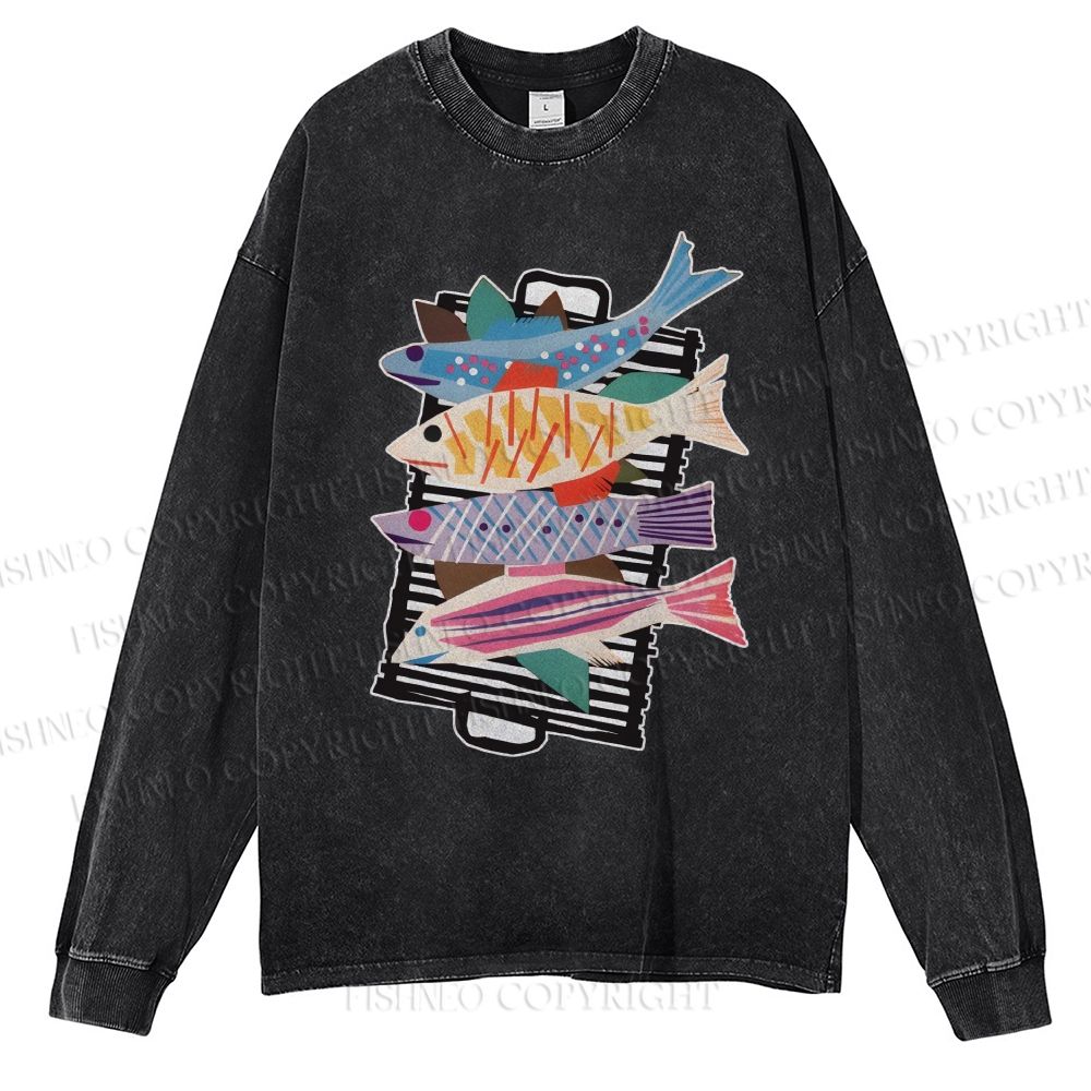Unisex Vintage Fish Casual Washed Printed Long Sleeve T-shirt