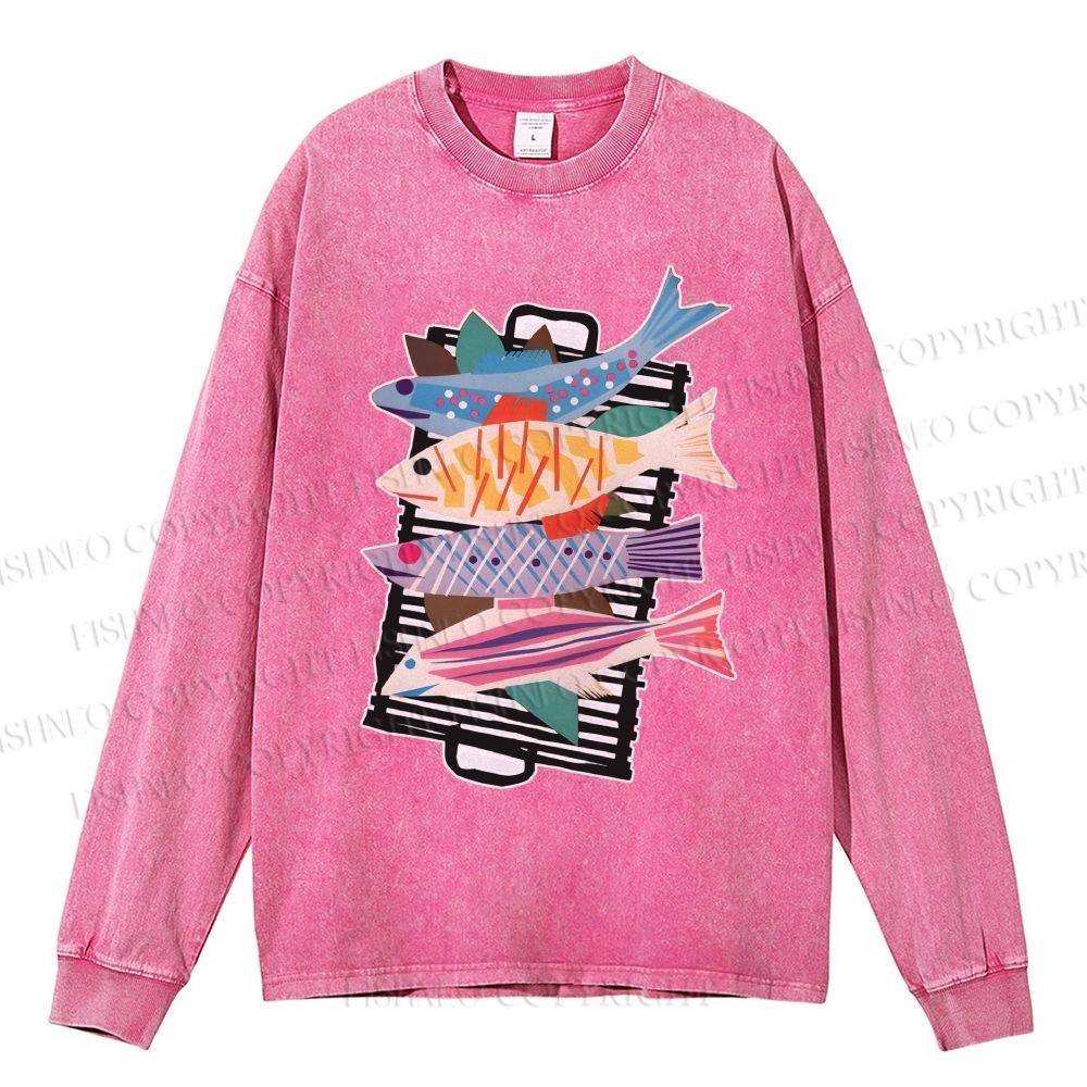 Unisex Vintage Fish Casual Washed Printed Long Sleeve T-shirt