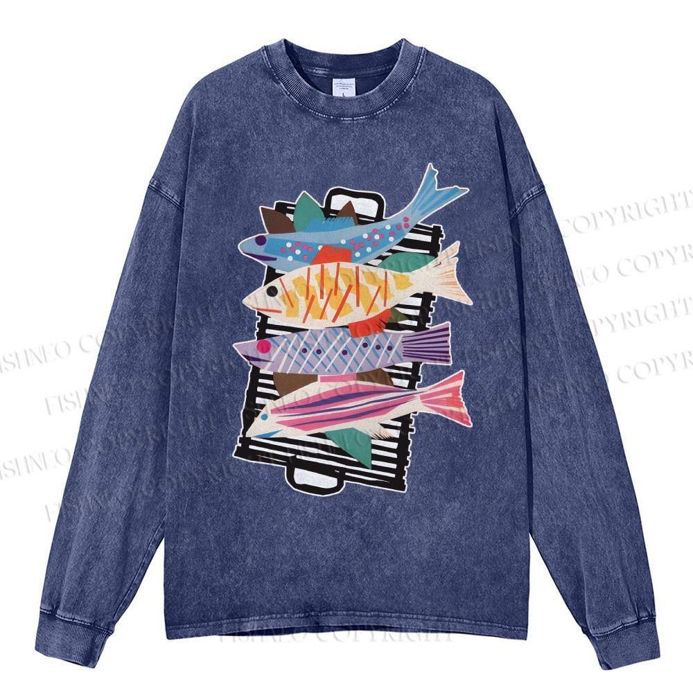 Unisex Vintage Fish Casual Washed Printed Long Sleeve T-shirt