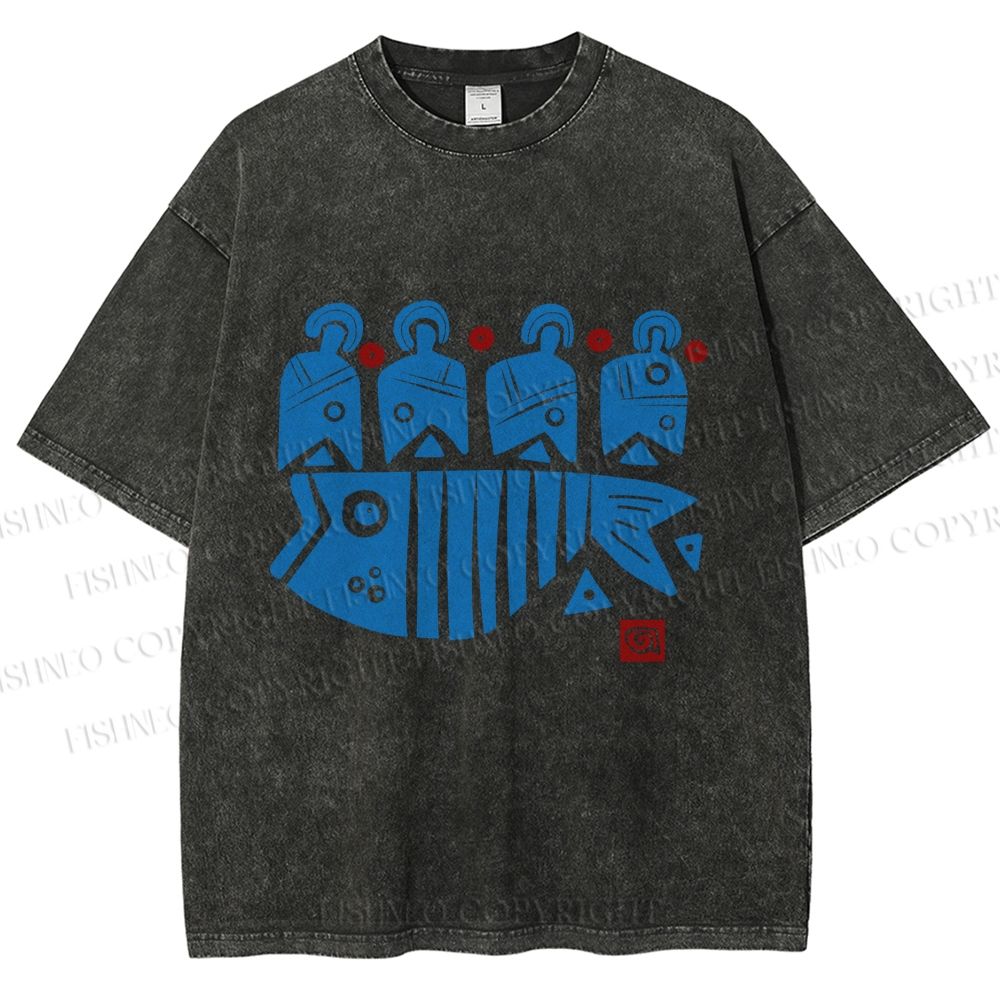 Unisex Vintage Fish Printed Washed Tee