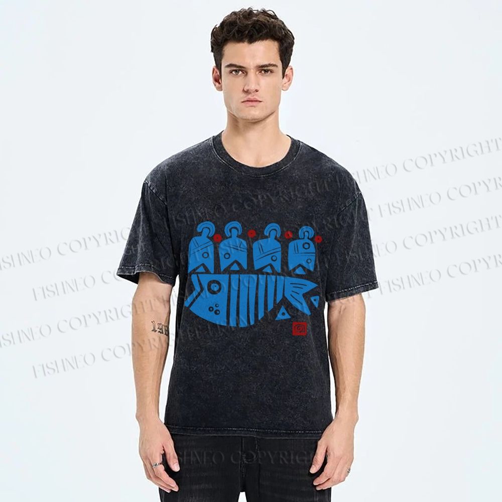 Unisex Vintage Fish Printed Washed Tee