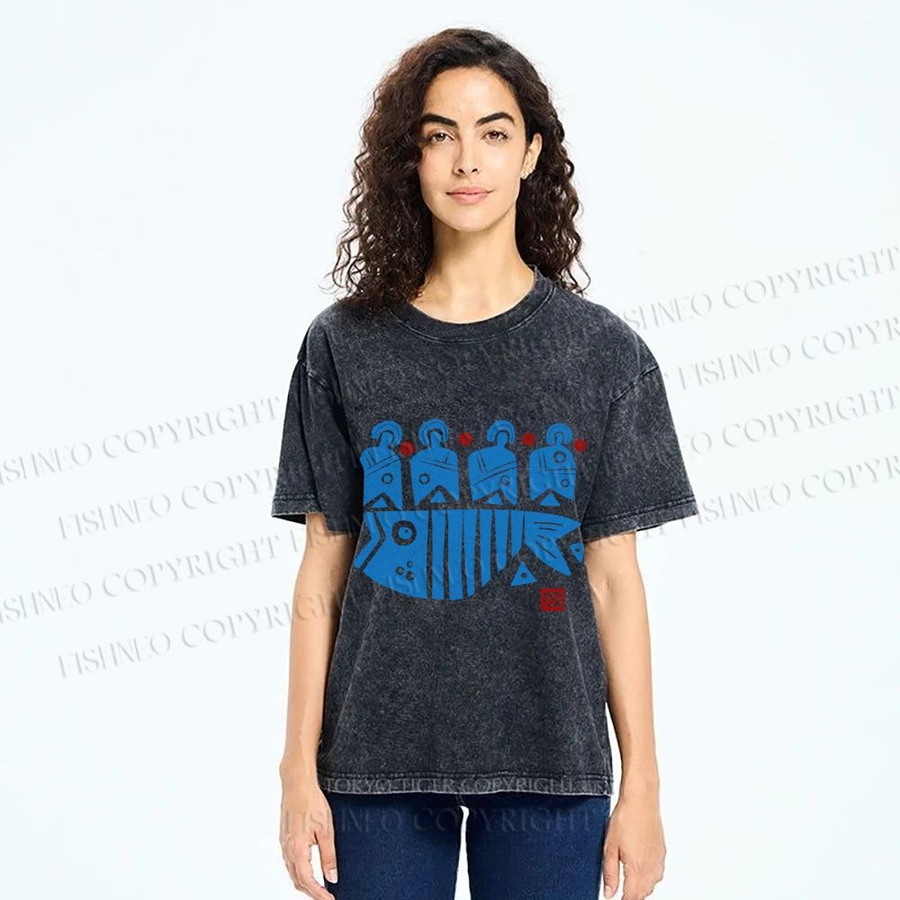 Unisex Vintage Fish Printed Washed Tee