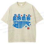 Unisex Vintage Fish Printed Washed Tee
