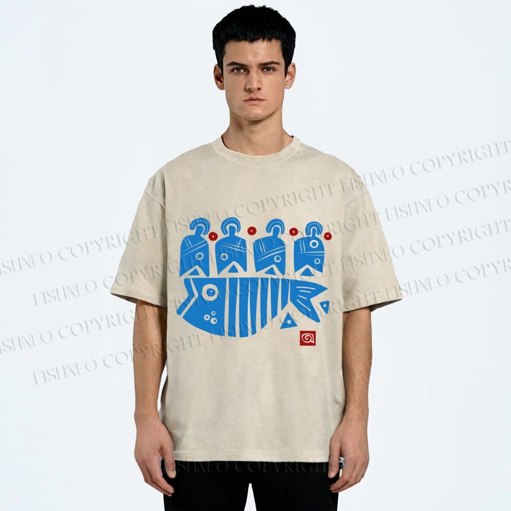 Unisex Vintage Fish Printed Washed Tee