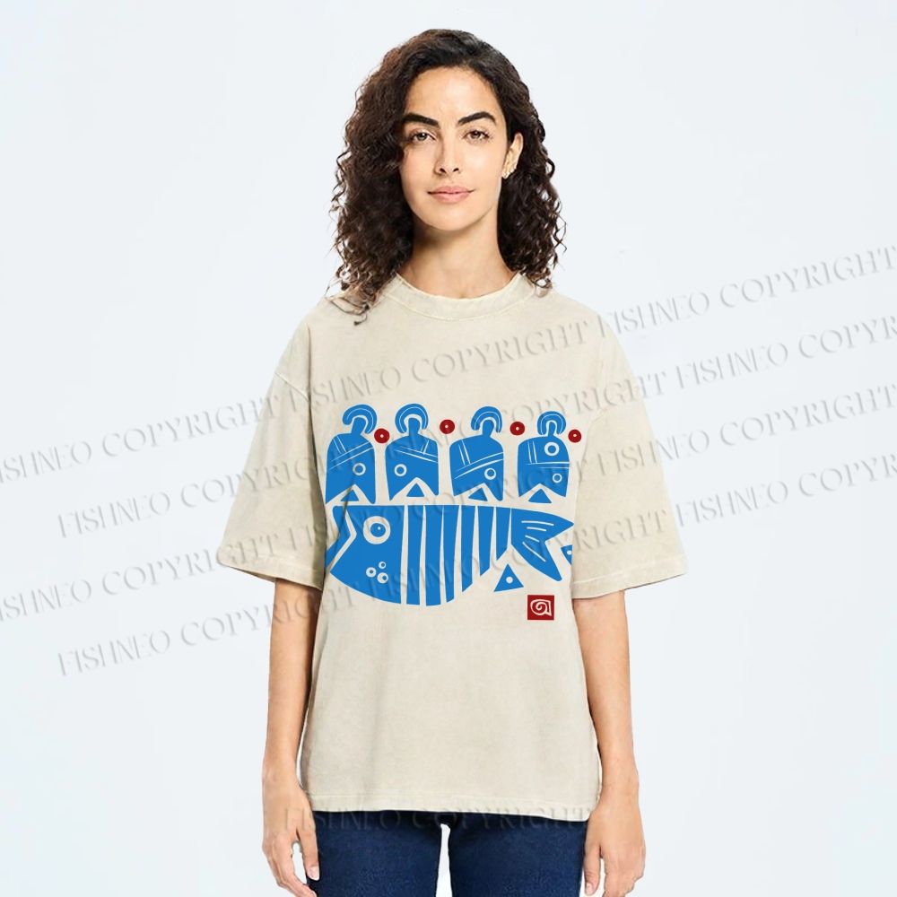 Unisex Vintage Fish Printed Washed Tee
