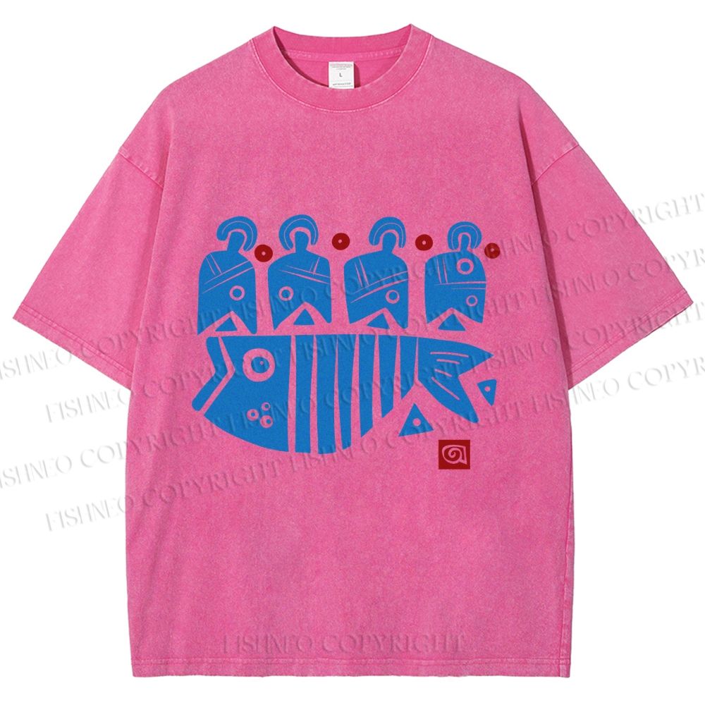 Unisex Vintage Fish Printed Washed Tee