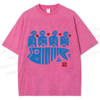 Unisex Vintage Fish Printed Washed Tee