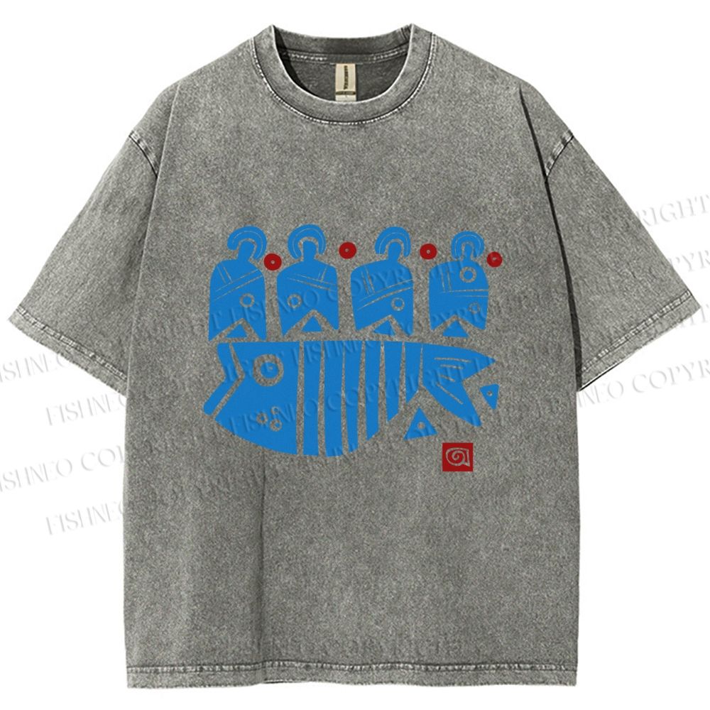Unisex Vintage Fish Printed Washed Tee