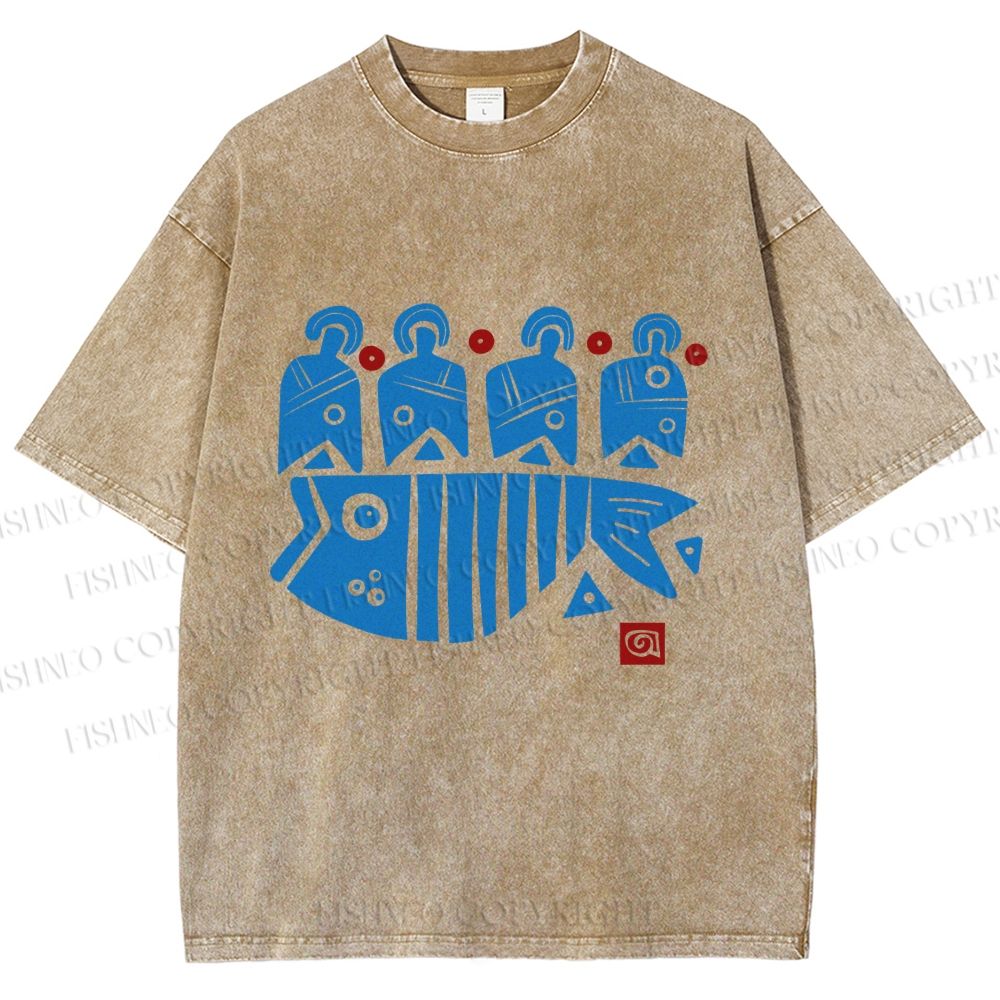 Unisex Vintage Fish Printed Washed Tee