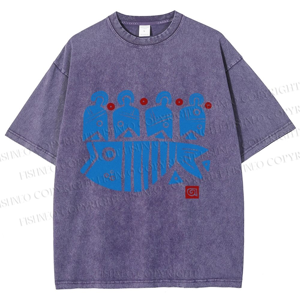 Unisex Vintage Fish Printed Washed Tee