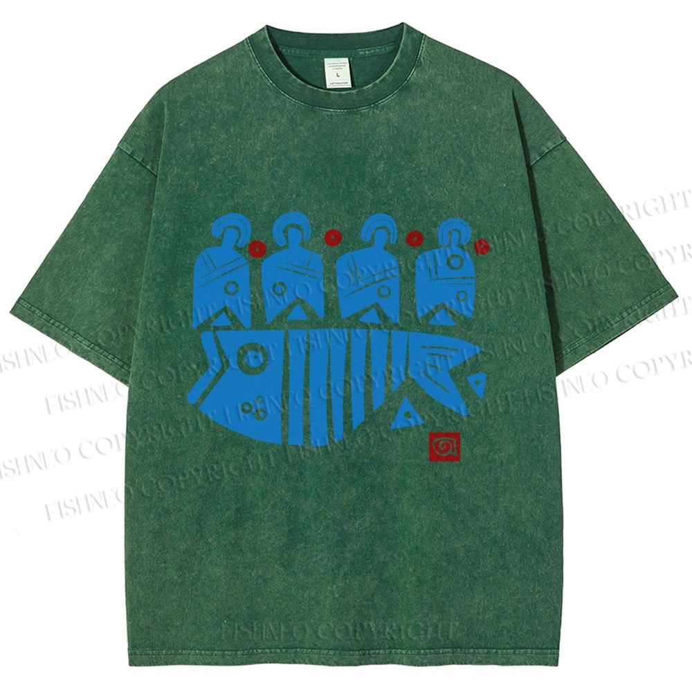 Unisex Vintage Fish Printed Washed Tee