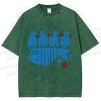Unisex Vintage Fish Printed Washed Tee