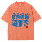 Unisex Vintage Fish Printed Washed Tee