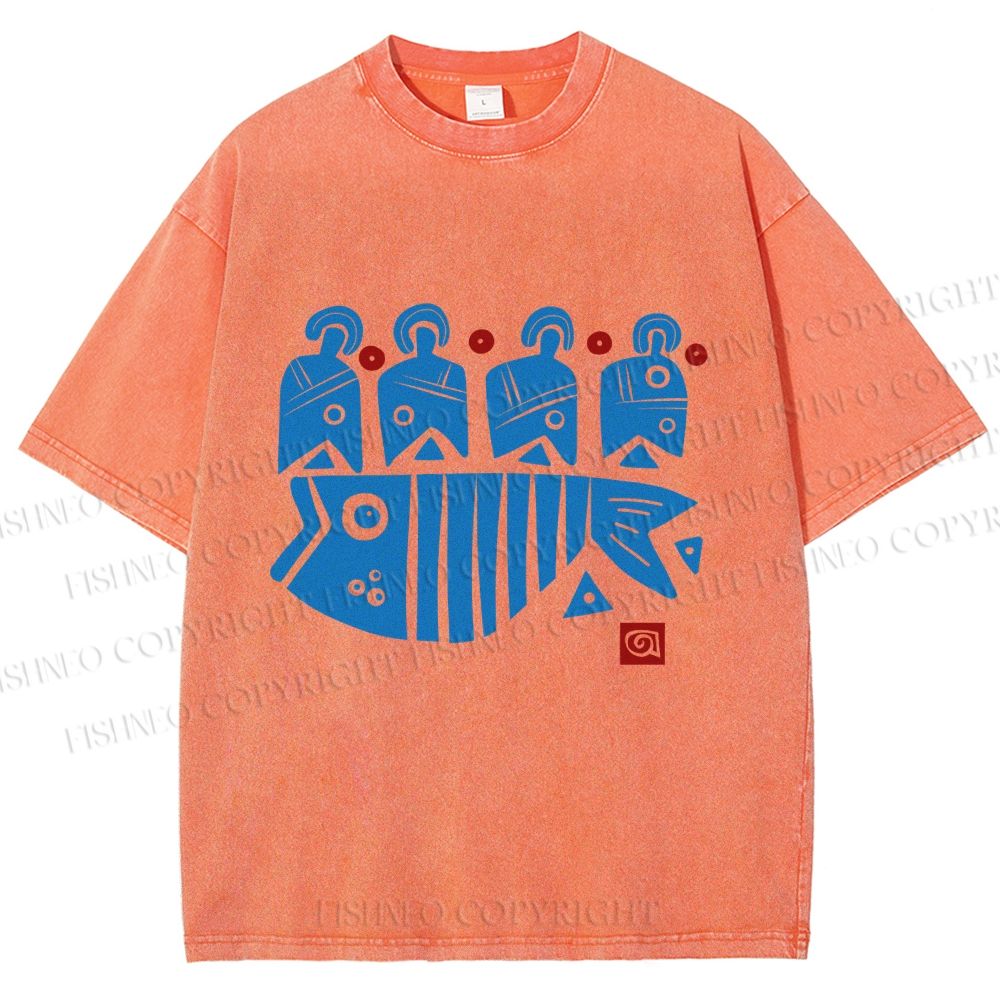 Unisex Vintage Fish Printed Washed Tee