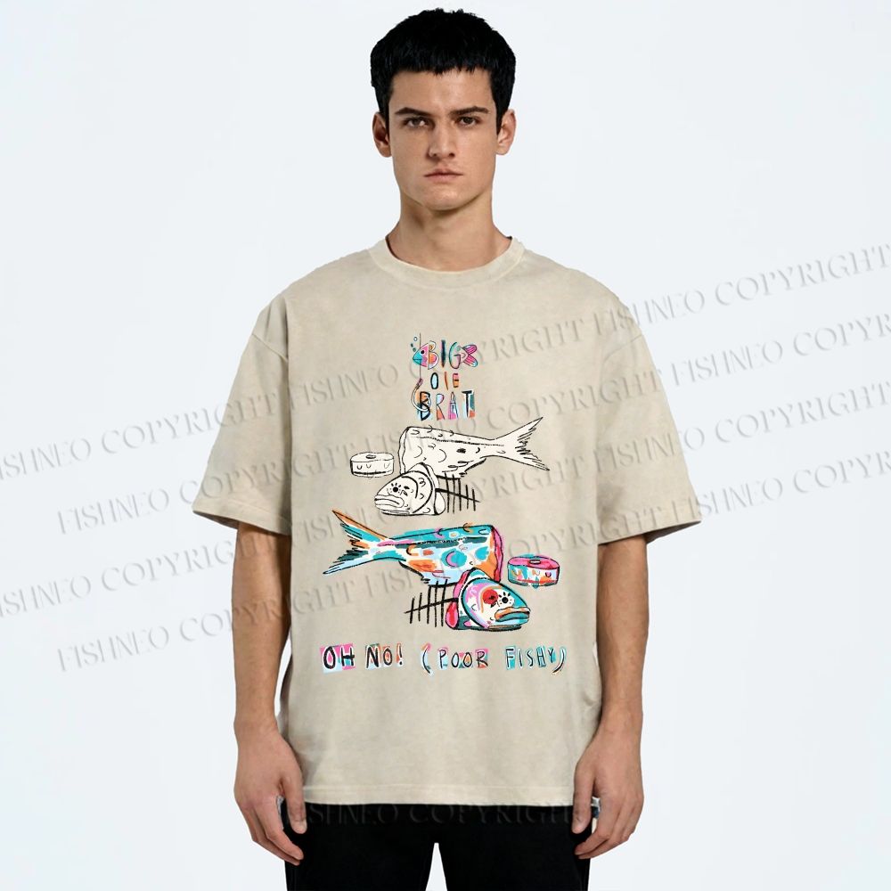 Unisex Colorful Art Fish Printed Washed Tee
