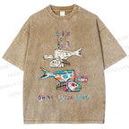 Unisex Colorful Art Fish Printed Washed Tee