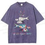 Unisex Colorful Art Fish Printed Washed Tee