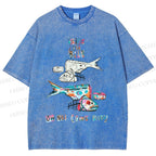 Unisex Colorful Art Fish Printed Washed Tee