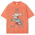 Unisex Colorful Art Fish Printed Washed Tee