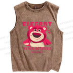 Unisex Strawberry Bear Printed Washed Tank Top