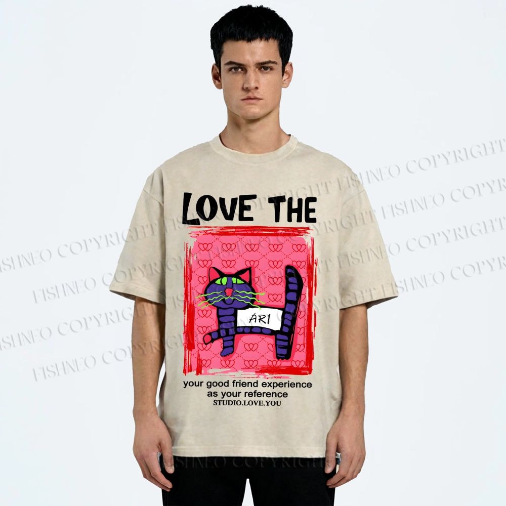 Unisex Love The Cat Printed Washed Tee