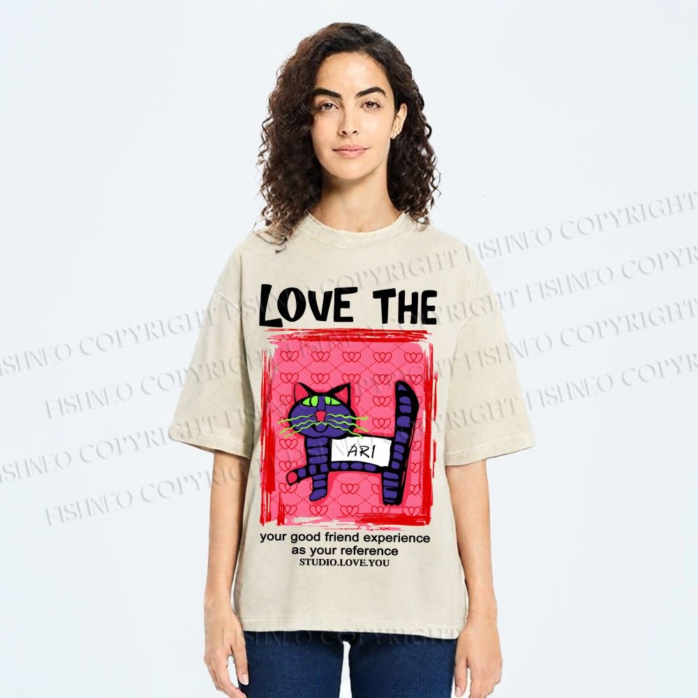Unisex Love The Cat Printed Washed Tee