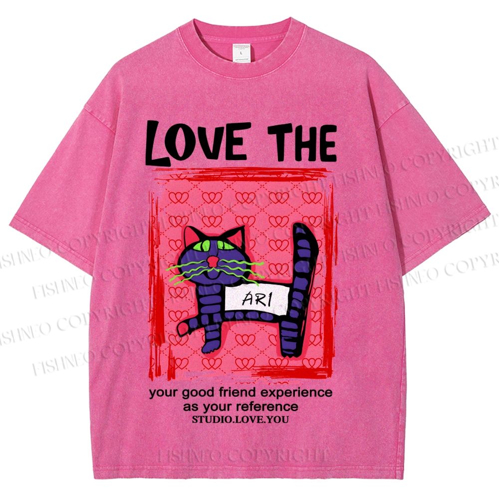 Unisex Love The Cat Printed Washed Tee