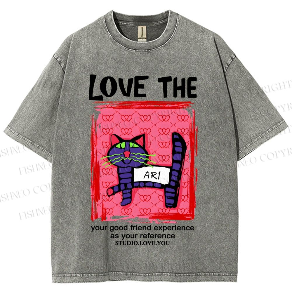 Unisex Love The Cat Printed Washed Tee