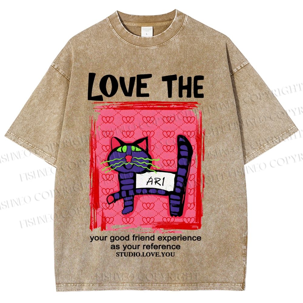Unisex Love The Cat Printed Washed Tee