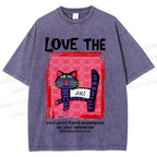 Unisex Love The Cat Printed Washed Tee