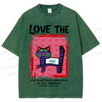 Unisex Love The Cat Printed Washed Tee