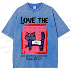 Unisex Love The Cat Printed Washed Tee