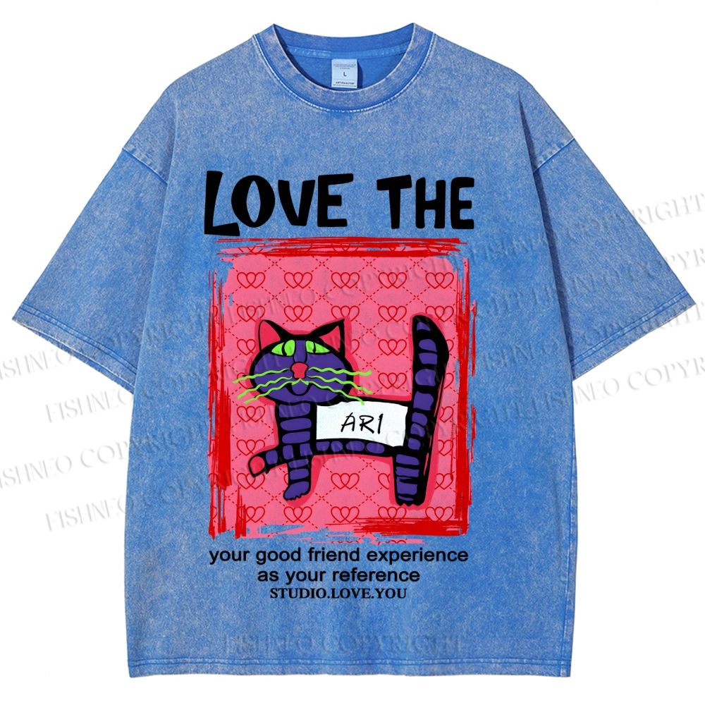 Unisex Love The Cat Printed Washed Tee