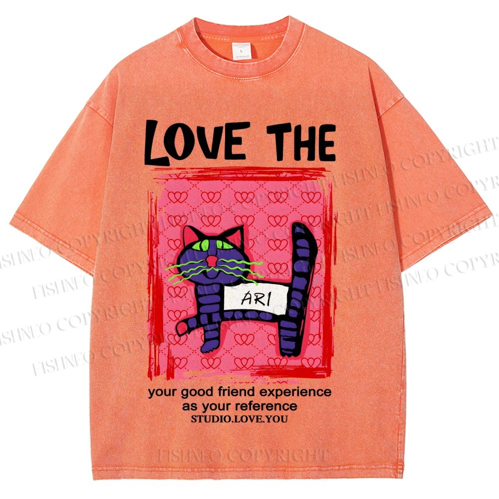 Unisex Love The Cat Printed Washed Tee