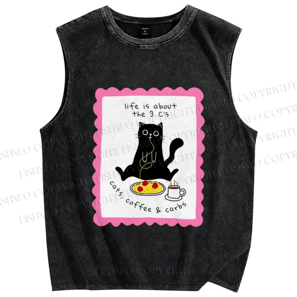 Unisex Cat Printed Washed Tank Top