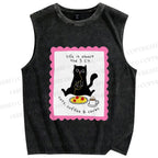 Unisex Cat Printed Washed Tank Top