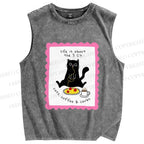 Unisex Cat Printed Washed Tank Top