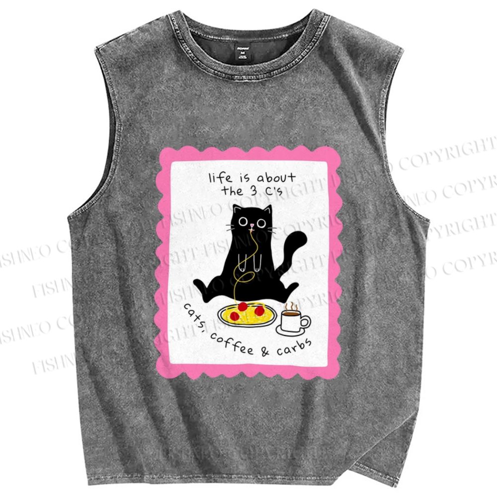 Unisex Cat Printed Washed Tank Top