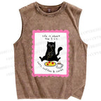 Unisex Cat Printed Washed Tank Top