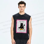 Unisex Cat Printed Washed Tank Top