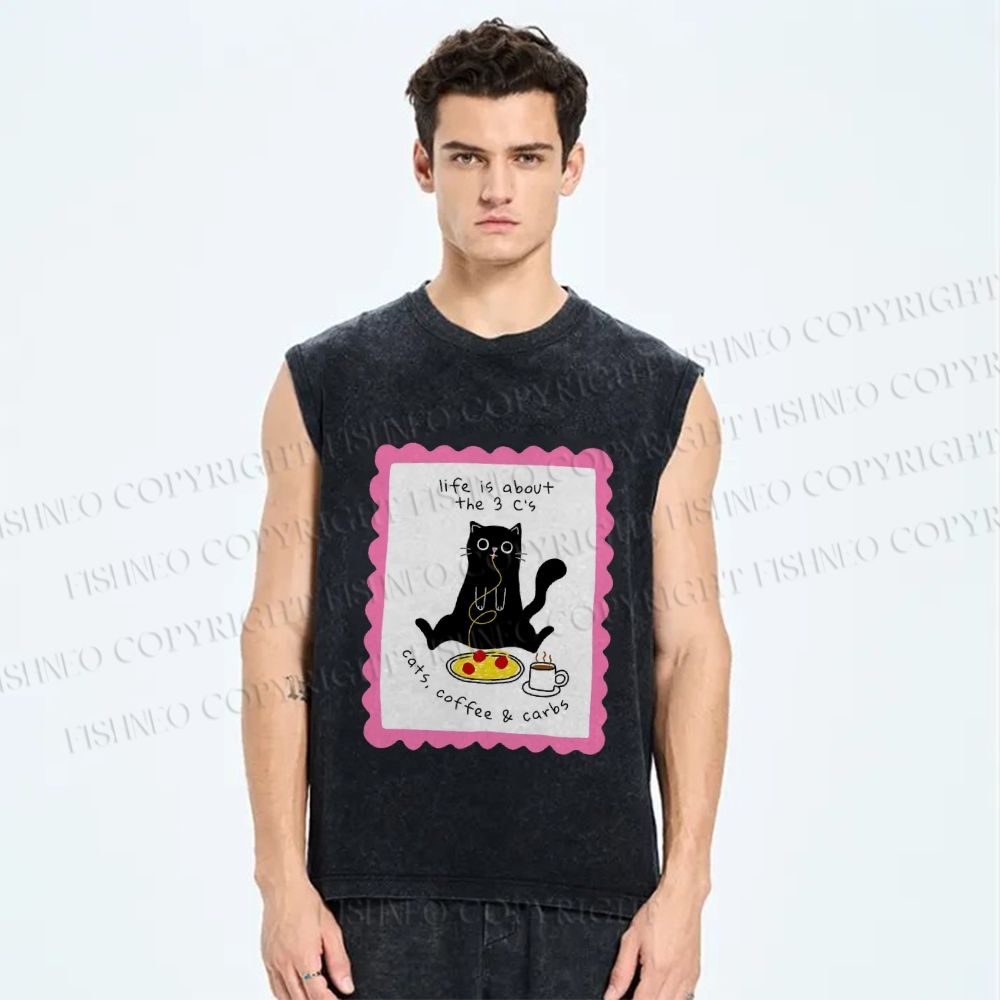 Unisex Cat Printed Washed Tank Top
